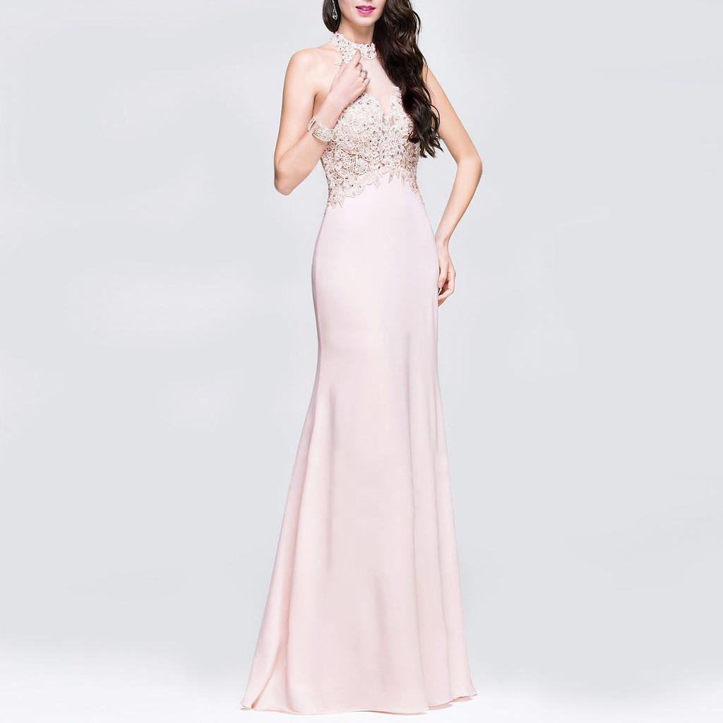 Women Wedding Bride Bridesmaids Elegant Round Neck Sleeveless Lace Maxi Long Dress Party Ball Gown