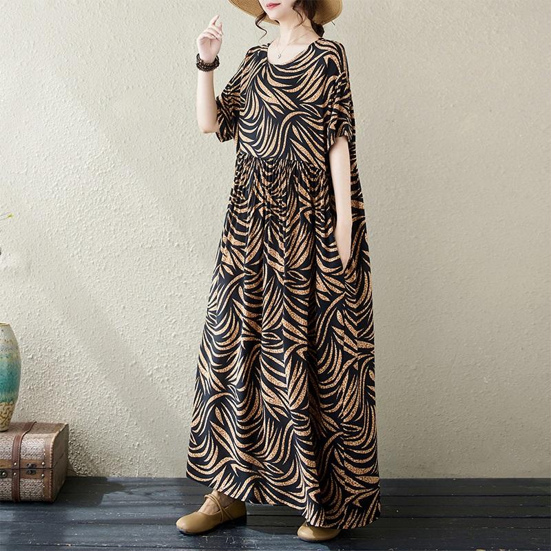 Short Sleeve Plus Size Cotton Vintage Floral New In Dresses for Women Casual Loose Long Summer Dress