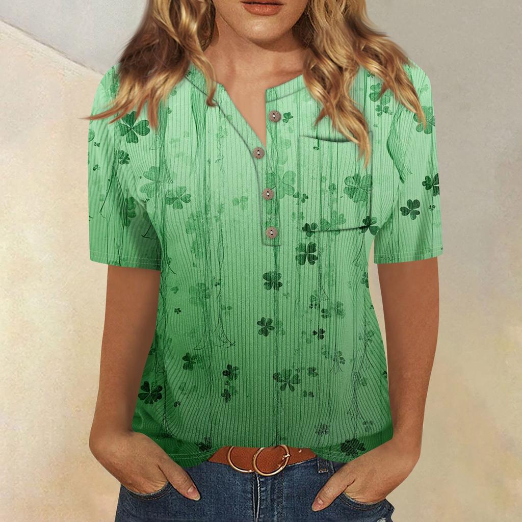 T-Shirts für Damen, plissiert, V-Ausschnitt, elegant, lässig, Blusen, bedruckt, kurzärmelig, Sommeroberteile, lockere Passform