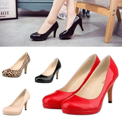 Scarpe col tacco da donna nuove, 9 cm, in vernice, con tacco alto, alla moda, punta rotonda, da ufficio, da donna, con plateau, nere, da lavoro, rosse, da sposa