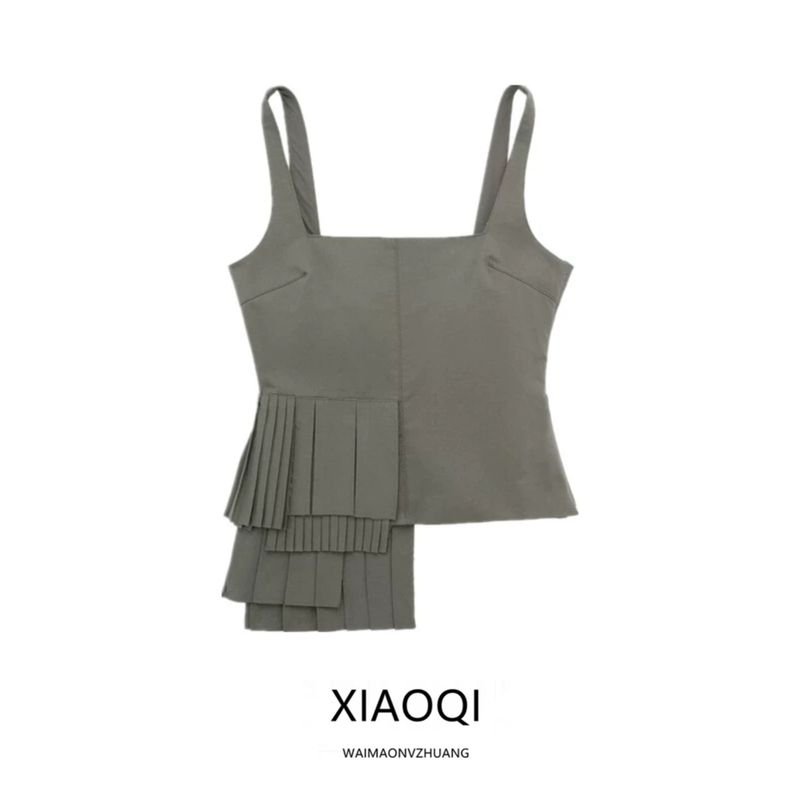 Fashion Style 2024 Spring New Arrival Women's Easiest for Match Tooling Style Pleated Laminated Sling Tops 3067020 507