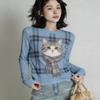Spring Europe America Fashion Fun Cat Print Women's T-shirt Casual Pullover Women Long Sleeve Clothing Outdoor Street Tees Top