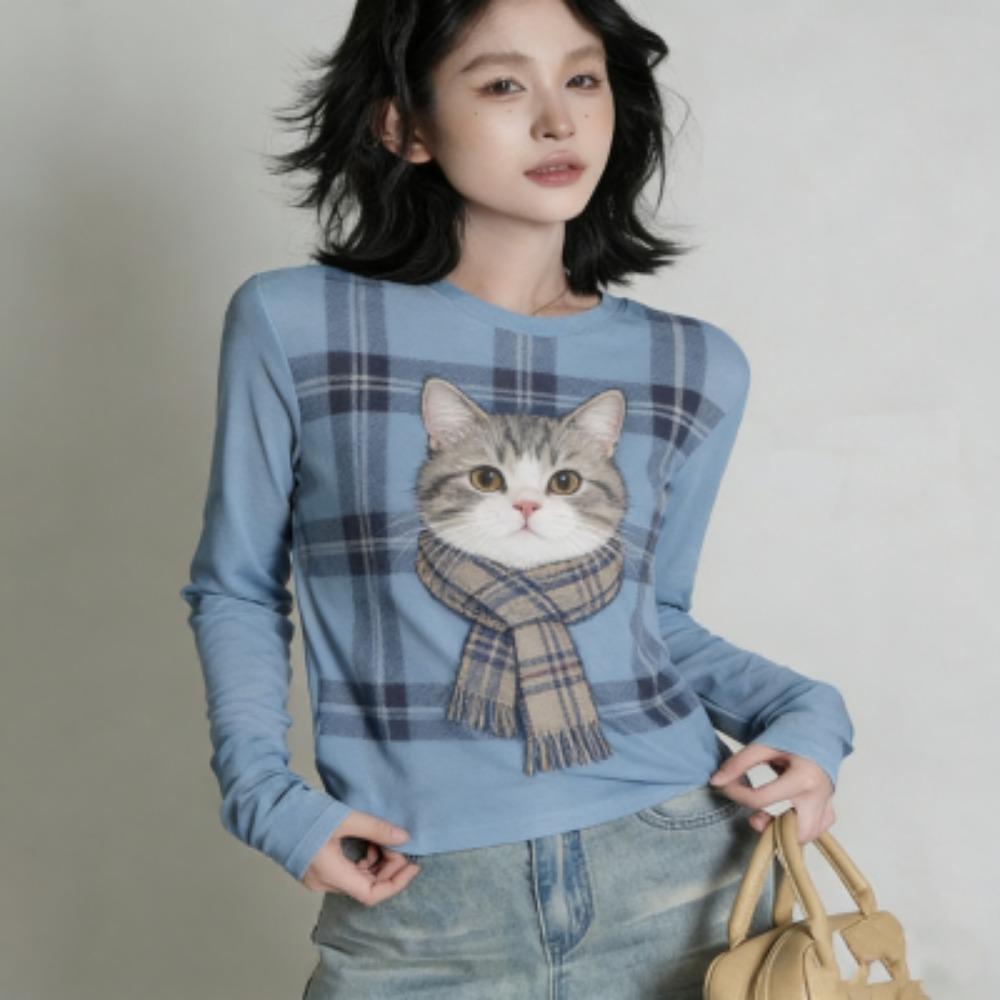 Spring Europe America Fashion Fun Cat Print Women's T-shirt Casual Pullover Women Long Sleeve Clothing Outdoor Street Tees Top