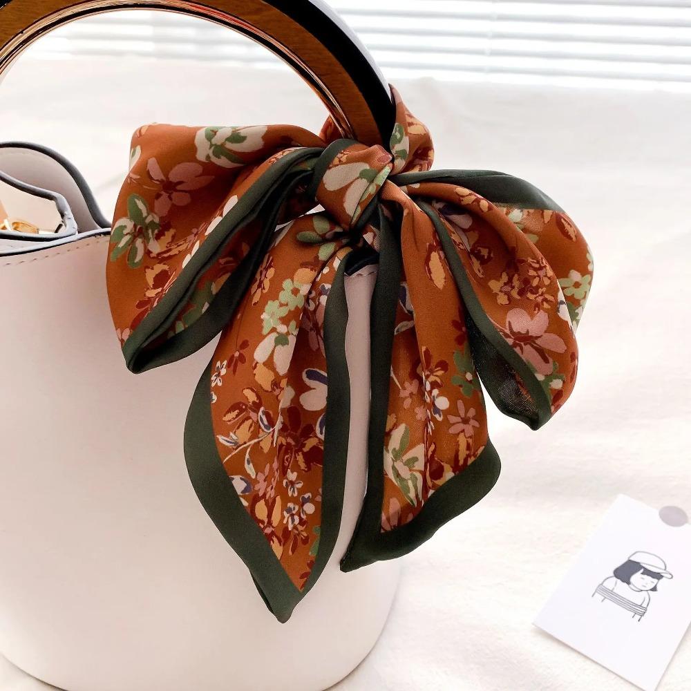 Summer Long Lady Bag Silk Scarf Floral Print Skinny Neck Hair Scarfs Women Band Headwear Handbag Tie Ribbons Handle Wraps Female