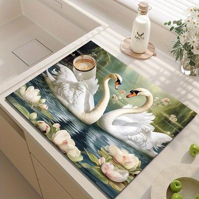 1Pcs Rubber Drying Mat Wit SwanPattern Print For Coffee Shop Restaurant Kitchen Carpet Tableware Durable Diatom Mud Table Mat Pet Mat Coffeeware