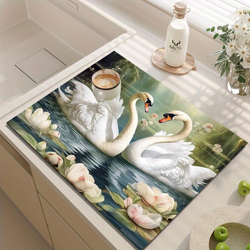

1 шт. Резиновый коврик для сушки с принтом «Белый лебедь» для кофейни, ресторана, кухни, ковер, коврик для стола, посуда, прочный диатомовый коврик для стола, коврик для питомца, кофейная посуда 40*50