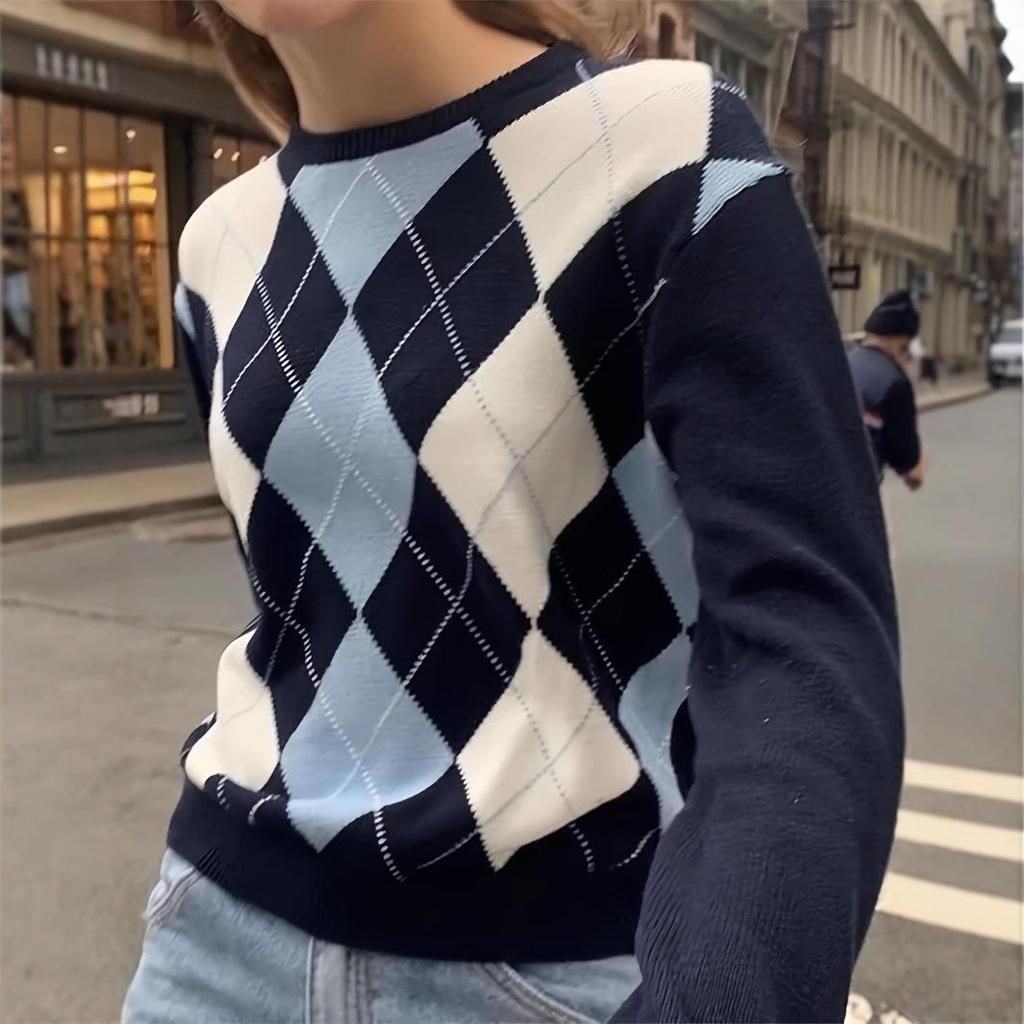 Damen Rundhals Langarm Dicker Jacquard Diamantstrick Pullover für Frühling und Herbst