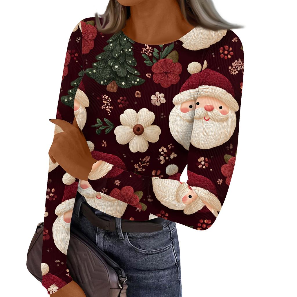 Women's Casual Fashion Round Neck Christmas Print Long Sleeve Striped Top