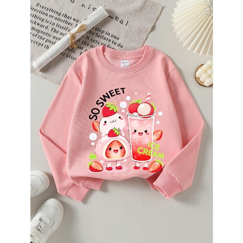 European Sizes Girls Soft Crewneck Sweatshirt Sweet Strawberry Ice Cream Cartoon Print, Casual All-Match, Ideal Holiday Present
