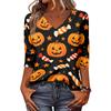 Women Casual Halloween Print V Neck Three Quarter Sleeve Top Lightweight Comfortable Fit Stylish Design for Daily Wear