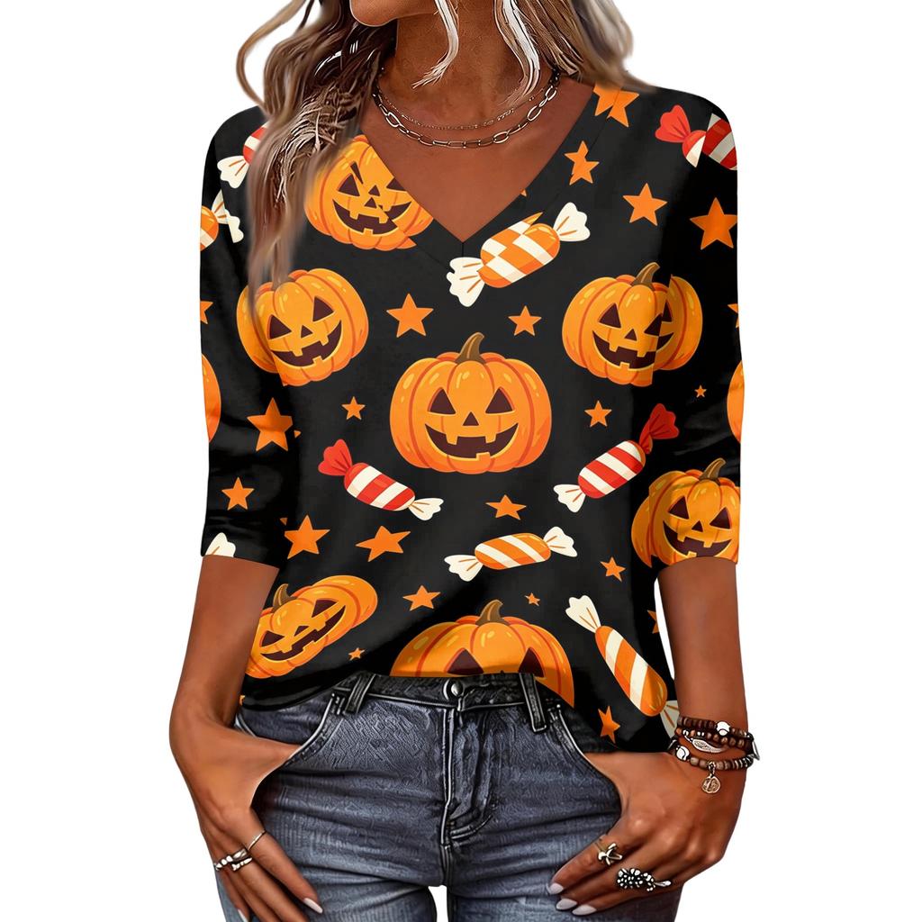 Women Casual Halloween Print V Neck Three Quarter Sleeve Top Lightweight Comfortable Fit Stylish Design for Daily Wear