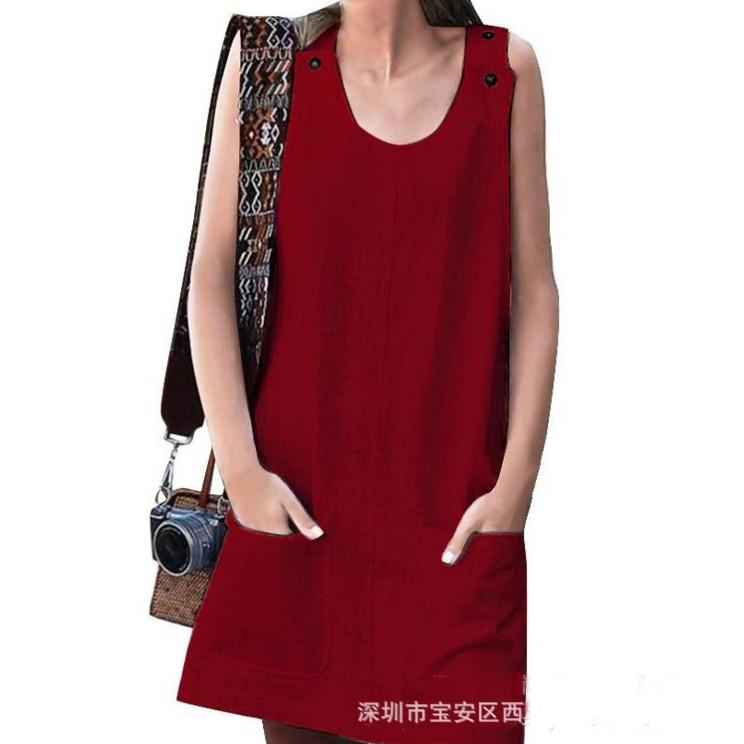 Tuta-vestito estiva da donna con tasche e bottoni in cotone e lino