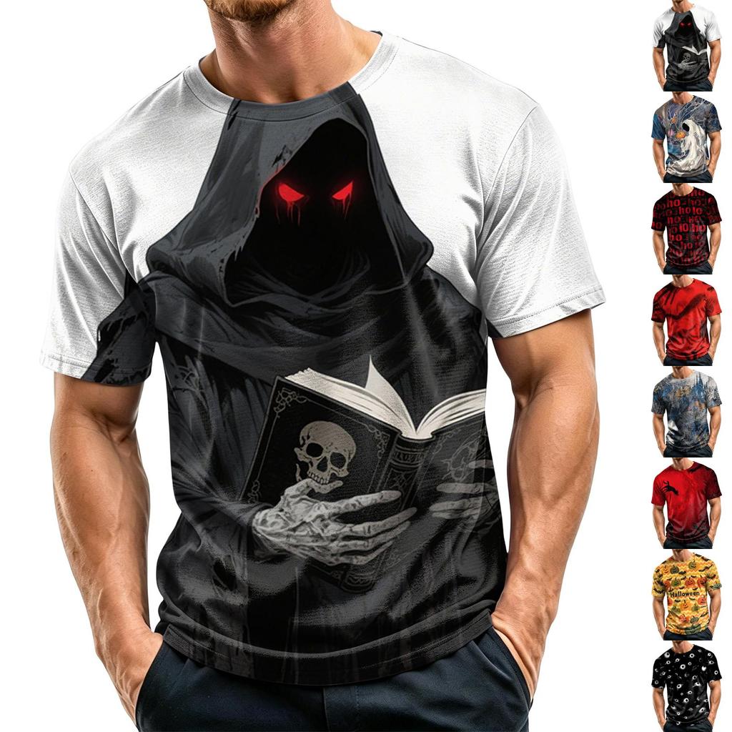 Men’s Casual Printed Crew Neck Lightweight Breathable Short Sleeve Top Halloween Graphic Comfortable Fit T-Shirt for Daily Wear