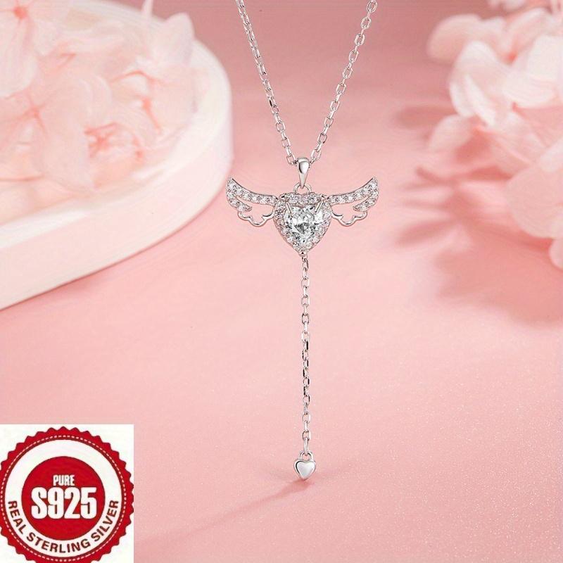 Charming S925The Silver Necklace Features a Cupid Heart Pendant with Pink Wings, Safe for Sensitive Skin, and Is Perfect As a Cute Accessory To Give