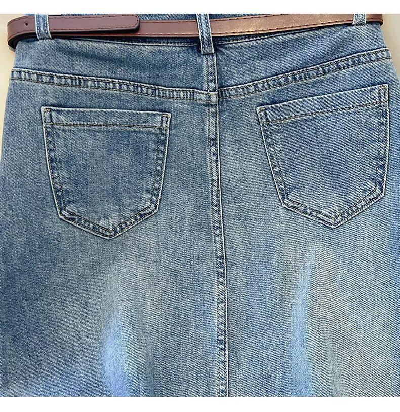 2025 Spring/Summer Front Slit High Waist Denim Midi Skirt - Light Blue, Retro Versatile