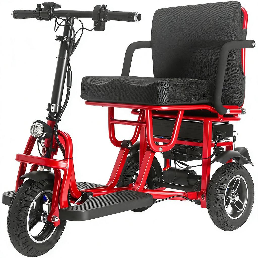 Přenosný skládací elektrický skútr červený, se 3 koly, dvěma motory