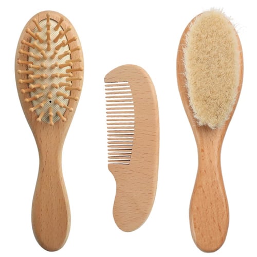 MOMI Baby Brush, Baby Comb, Set of 3, Natural Goat Hair, Newborn, Scalp Massager, Smooth, Baby Gift