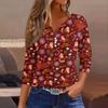 Women's Casual Christmas Print V-Neck T-Shirt with Three-Quarter Sleeves and Button