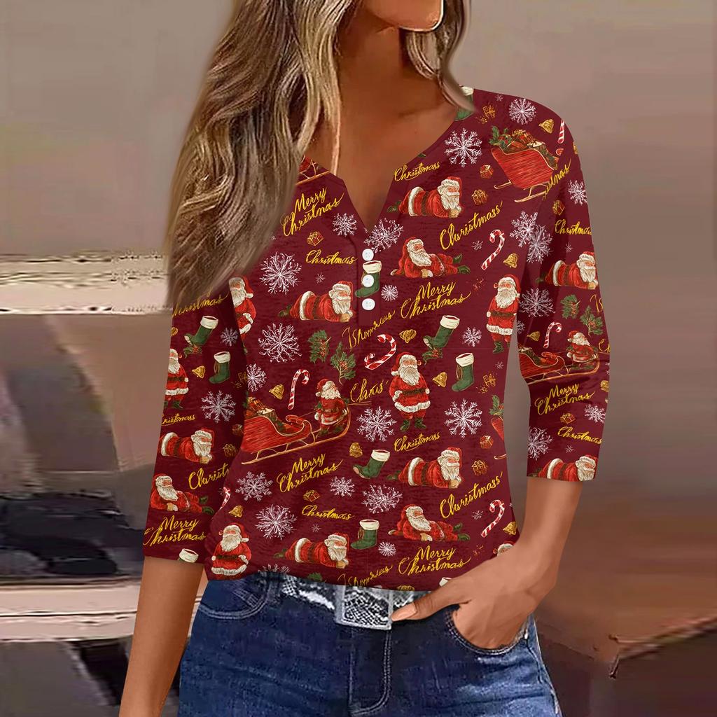 Women's Casual Christmas Print V-Neck T-Shirt with Three-Quarter Sleeves and Button