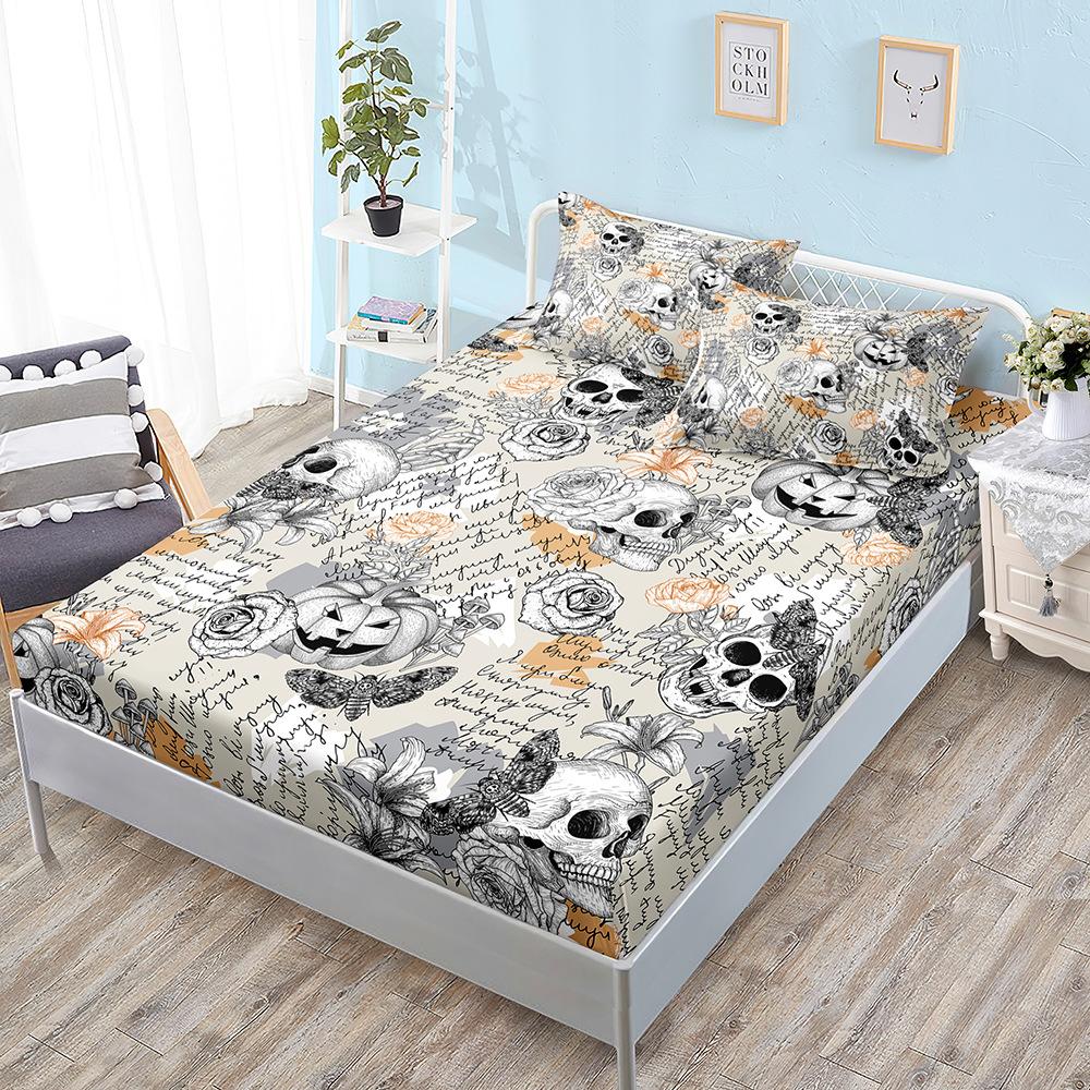Flower Skull Mattress Three-Piece Set, Bed Cover, Pillowcase, Mattress Protective Cover, Bed Sheet All Inclusive