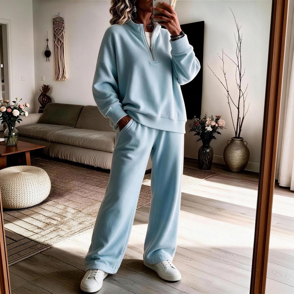 Women's Color Half-Zip Sweatshirt and Wide-Leg Pants Set, Loose Fit Casual 2 Piece Outfit