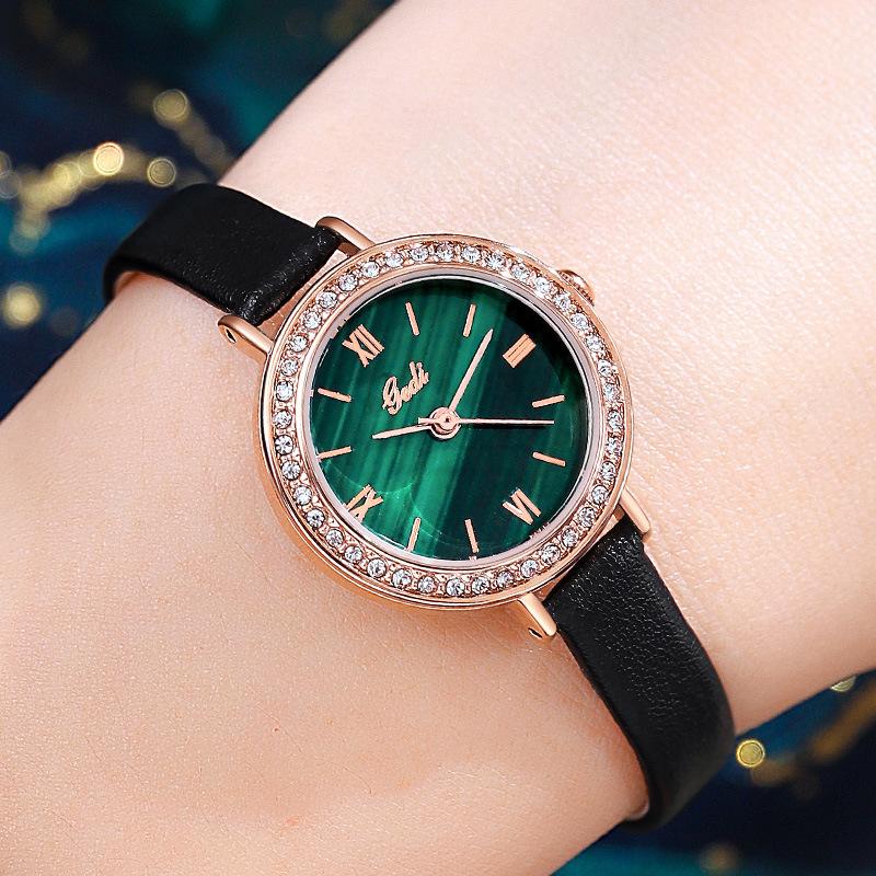 High-value Round Fashion Atmosphere Diamond-encrusted Waterproof Quartz Watch Simple Leather Business Rose Gold