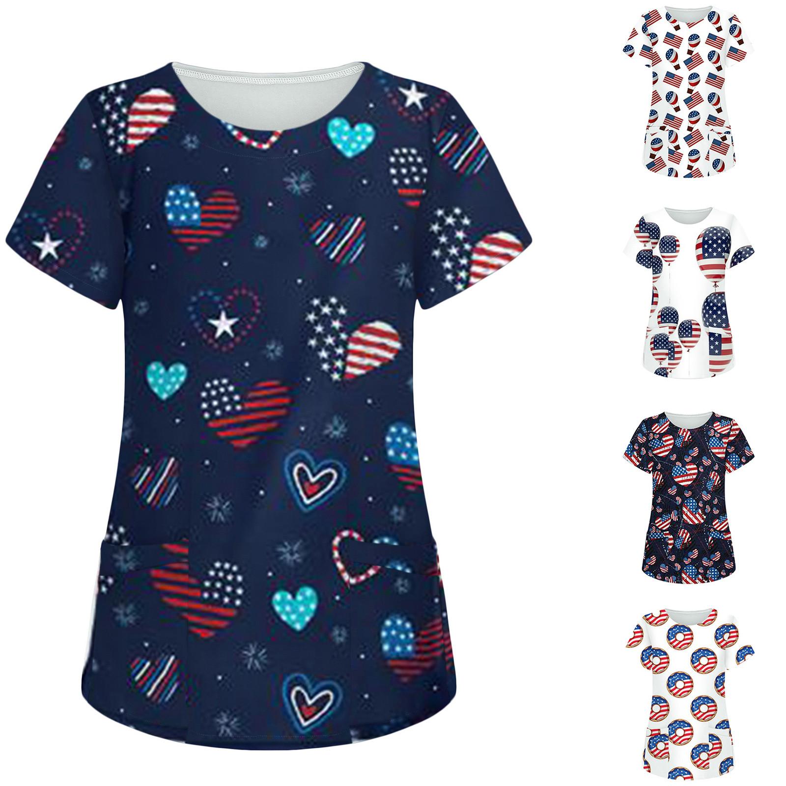 

Women Short Sleeve Tops Working Independence Day Printed Pocket Blouse