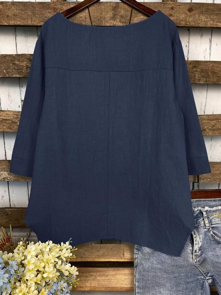 2025 Summer Fashion Plus Size Women's Round Neck Pocket Solid Color Irregular T-Shirt