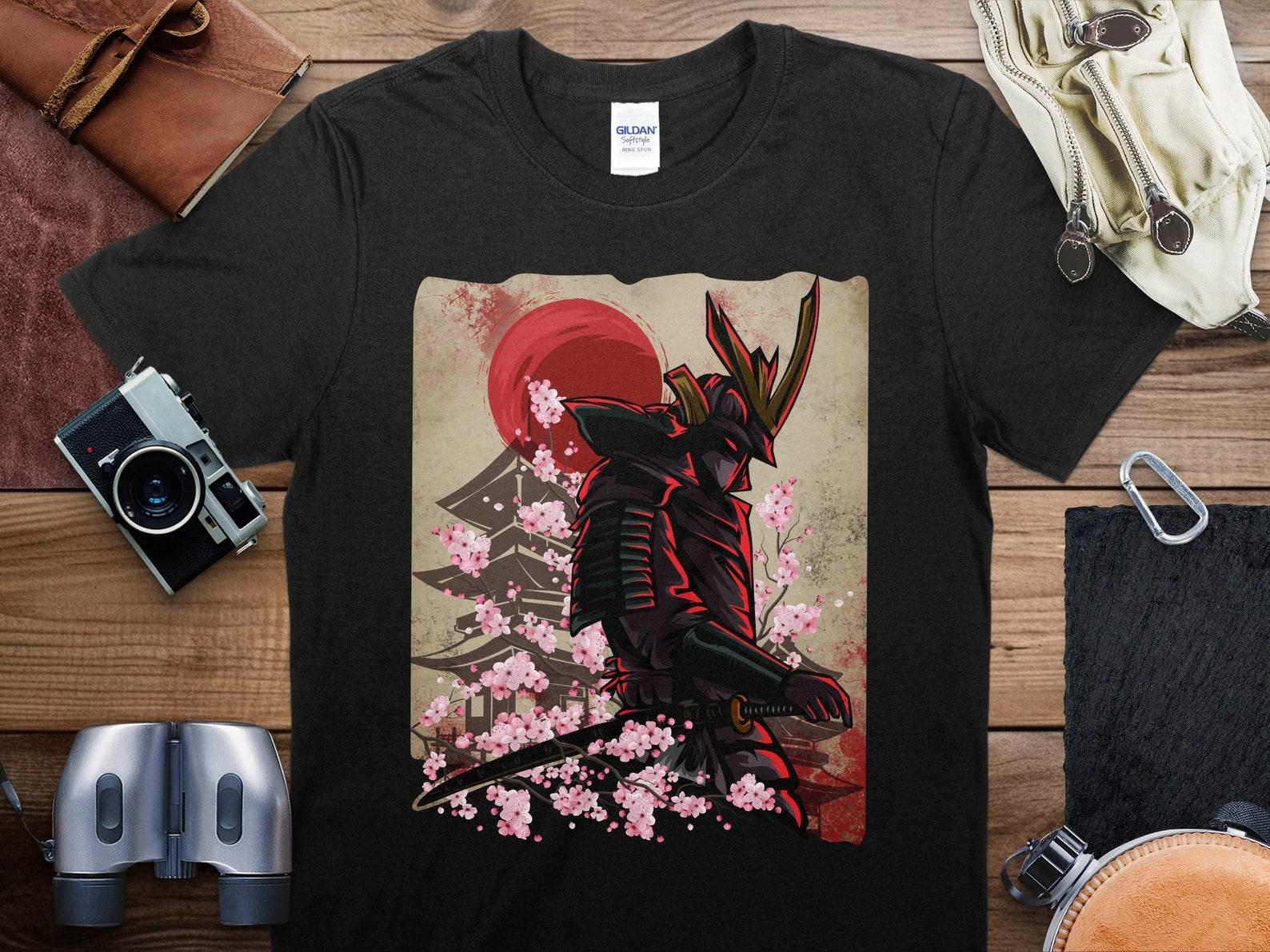 Samurai Warrior T-Shirt, Japanese Sunset Graphic Tee, Cherry Blossom Streetwear, Urban Samurai Apparel, Red and Black Shirt, Unisex Top L