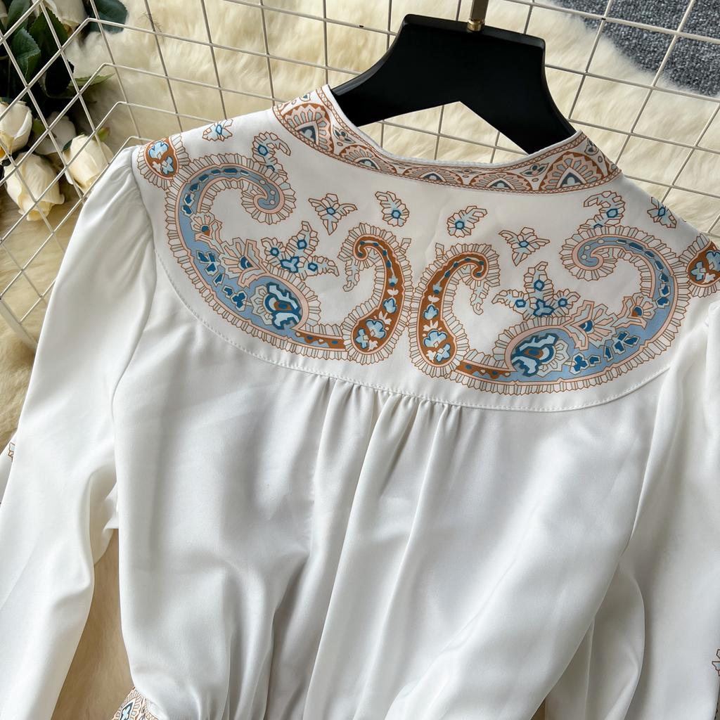 Francouzské retro elegantní dlouhé šaty dámské ve společenském stylu s potiskem paisley dámské Dlouhé šaty do V s výstřihem do V