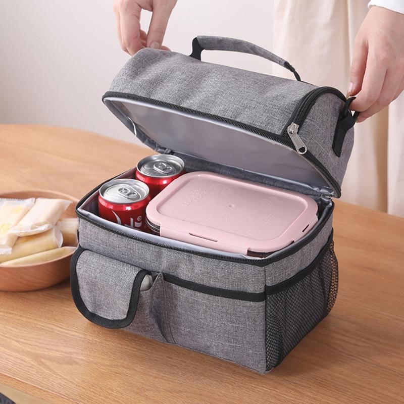 Thermal Lunch Bag with Double Compartments Insulated Cool Bag Waterproof Oxford Fabric for Office School Camping