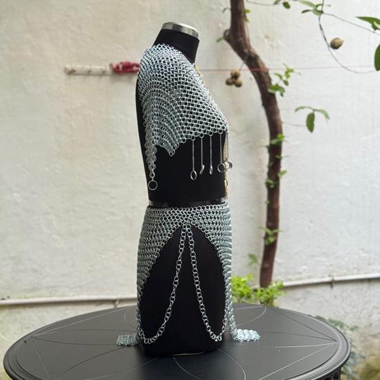 Edgy Chainmail Body Armor Set Silver Statement Top  Skirt for Festival, Cosplay And Layered Fashion