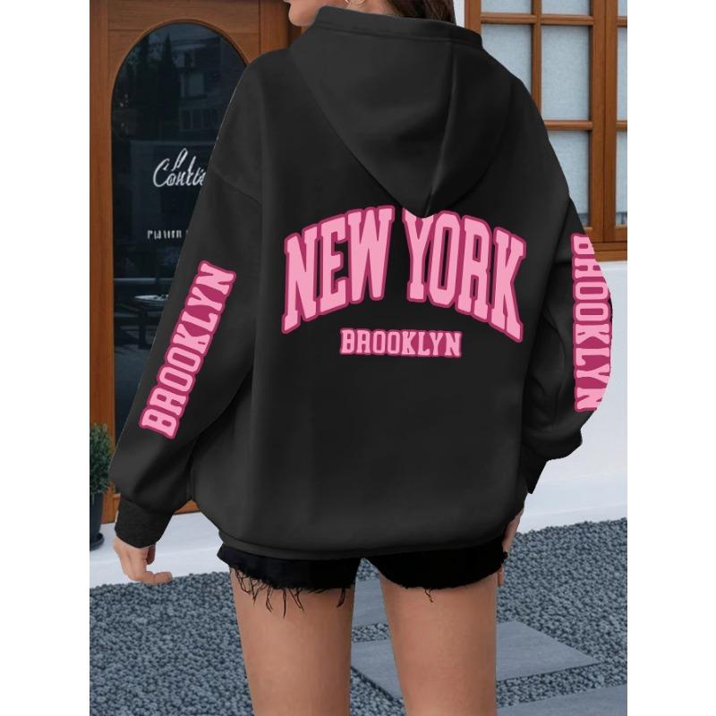 New York Lettering Print Hoodie, Casual Drawstring Hooded Long-sleeve Kangaroo Pocket Sweatshirt