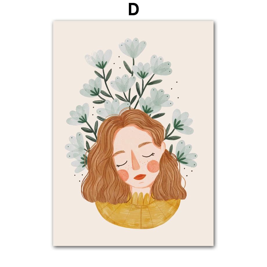 Boho Fashion Girl Flowers Leaves Illustration Wall Art Canvas Painting Nordic Poster And Prints Pictures For Living Room Decor