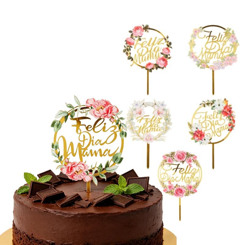 1Pcs Acrylic Feliz Dia Mama Spanish Language Cake Topper For Mothers Day Flower Party Scene Dessert Adornment