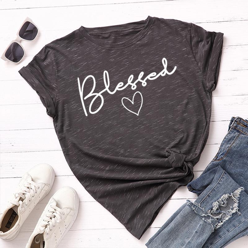 Blessed Letter Cotton T-Shirt Short Sleeve Round Neck Women 2d Print Tops