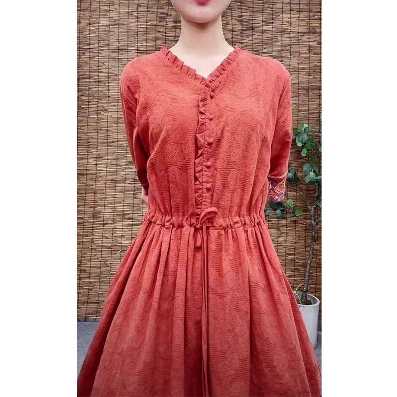 Retro Ethnic Embroidered Cotton Jacquard Midi Dress - Slim Fit, Cinched Waist, Trendy Summer Style