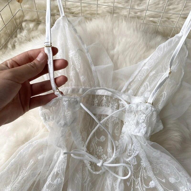 Ladies Sensual Camis Night Dress Fashion Mesh Embroidery Sexy Underwear Slim Pajamas 2023 Lingerie Sheer Nightwear