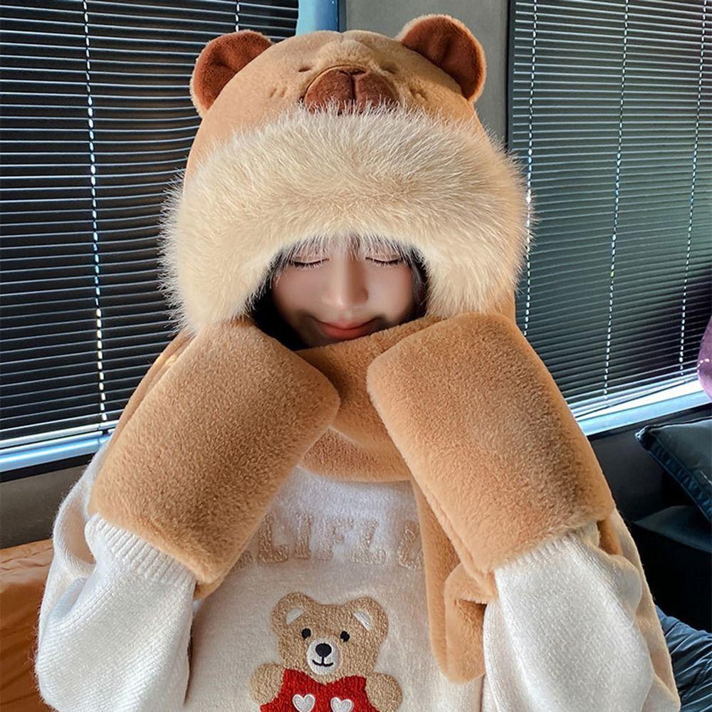 Cartoon Capybara Hat Scarf Set Panda Cartoon Plush Hat Trendy Furry Scarf Cap Set  Outdoor