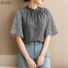 ZANZEA Women Casual Round Neck Lace Splice Short Sleeve Blouse Summer