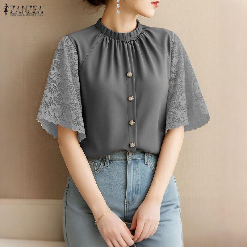 ZANZEA Women Casual Round Neck Lace Splice Short Sleeve Blouse Summer
