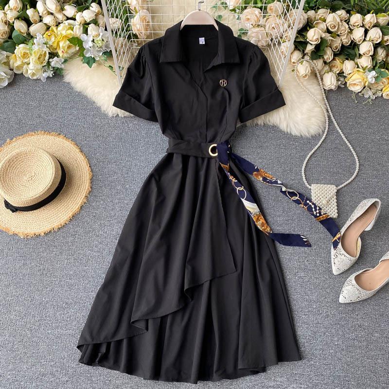 Letnia sukienka biurowa damska w jednolitym kolorze z kołnierzykiem i krótkim rękawem, damska, z paskiem w kształcie wstążki, nieregularna