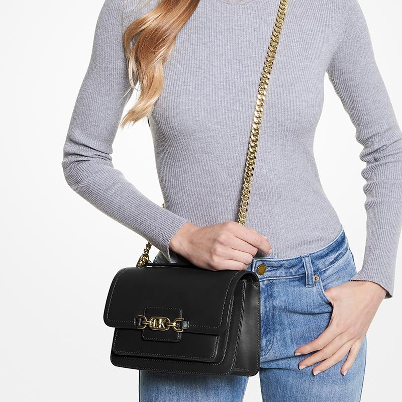 Michael Kors Heather Classic Solid Color Chain Commuting Practical Metal Buckle Envelope Bag Flap Bag Leather Crossbody Bag Large Women's Black