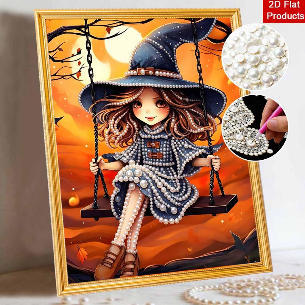 Pearl Painting DIY Kit Frameless Cute Witch Sitting On Swing Autumn Moon Pattern Shiny Bead Art Canvas Creative Wall Decor Gift Idea