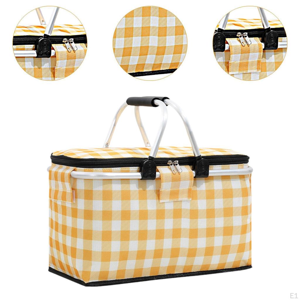 Picnic Basket Sturdy Zipper Foldable Insulated Bag for Barbecue Outdoor Home Yellow