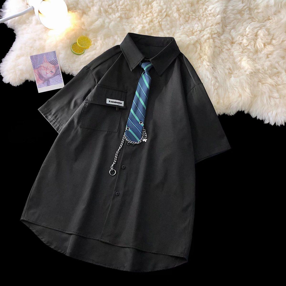 

Сплошной цвет рубашки с завязками на цепочке, женская блузка с короткими рукавами, летнее свободное платье Blusas в стиле консервативного стиля XXXL чёрный