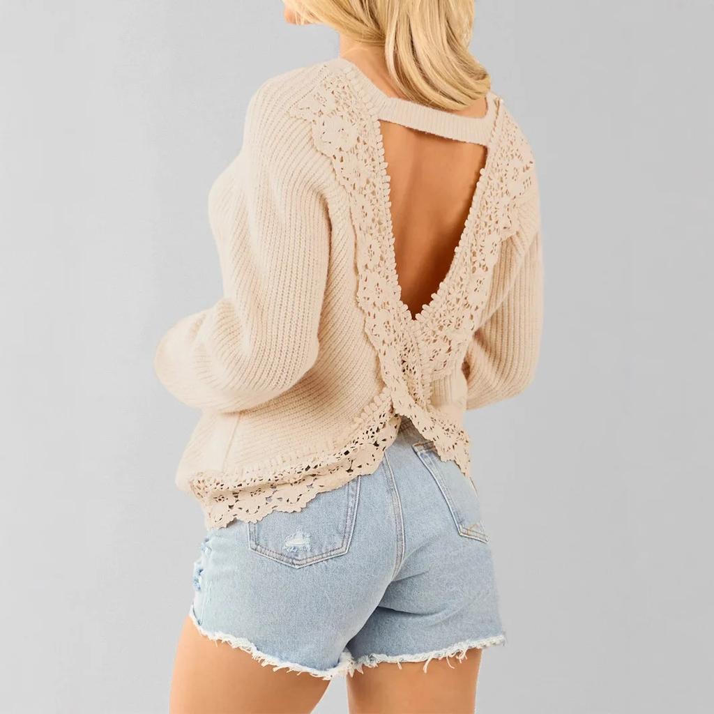Lace Spliced Long-sleeved Sweater Top Autumn and Winter Women's Elegant Sexy Backless