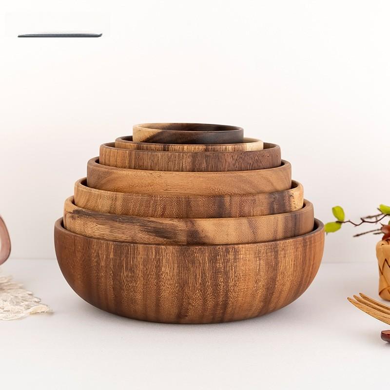 Japanischer Akazienholzschale groß massiv Ganzholz flach Instant-Nudelschale Salatschale Obstschale isolierte Reisschale Geschirr 20cm Akazienholz