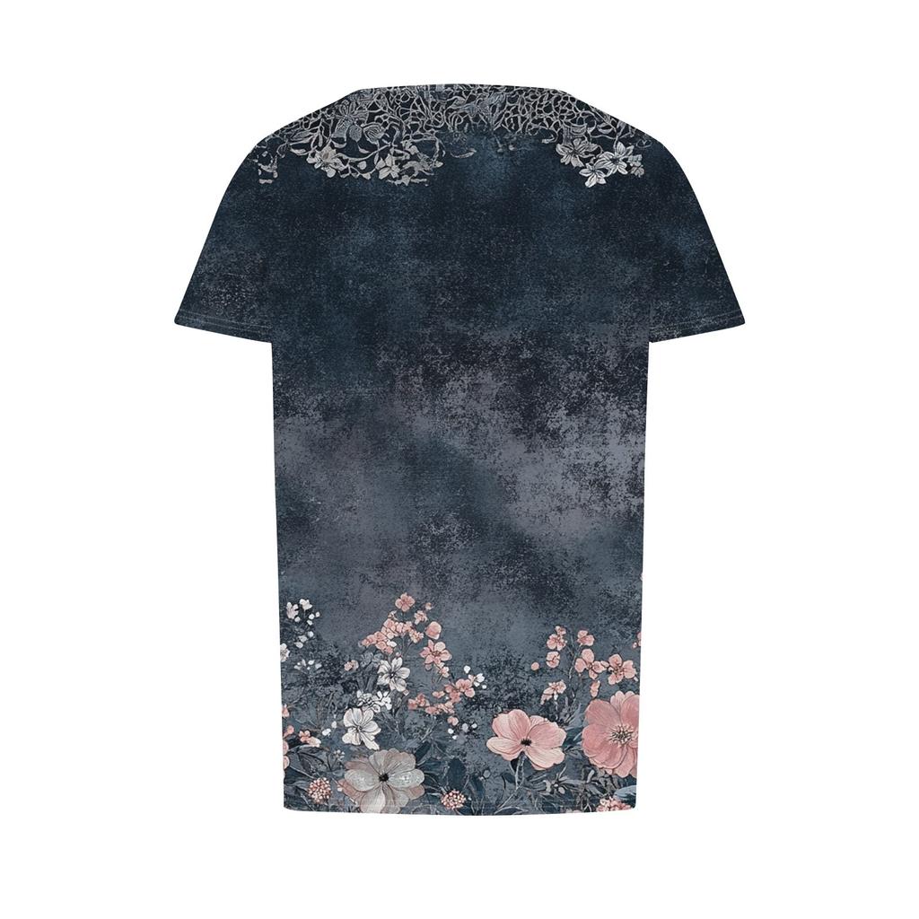 Women's Fashionable Casual Pleated Round Neck Striped Flower Printed Short Sleeved T Shirt Top