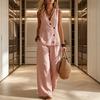 Women's Summer Sleeveless 2 Piece Outfits Button Down Tank Top And Wide Leg Pants Casual Loungewear Matching Sets